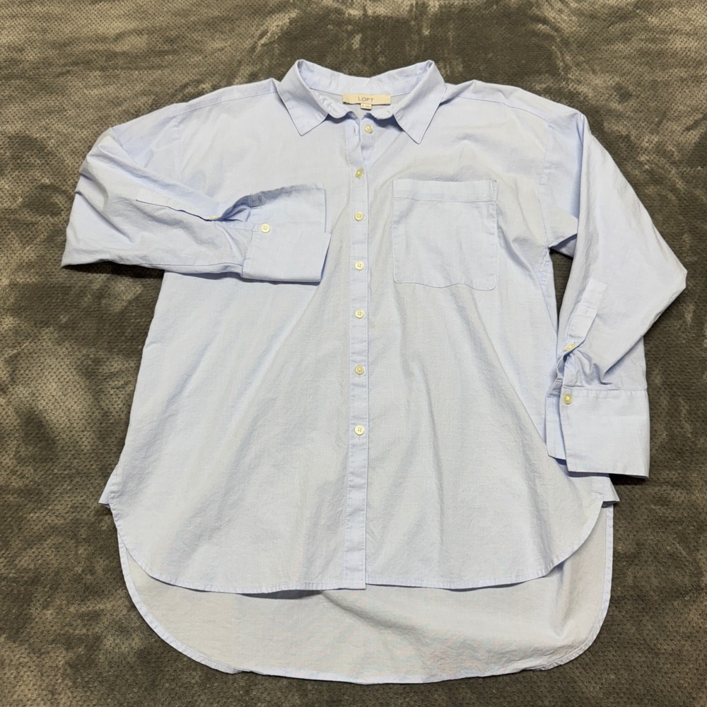 LOFT Womens Light Blue Cotton High Low Button Down Oxford Shirt Size M
